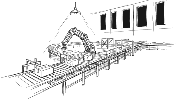 Ink drawing of an automated sorting line running at night with nobody present: a conveyor carrying evenly spaced parcels, a robotic arm poised above it, and a single overhead lamp lighting one section of an otherwise empty hall.
