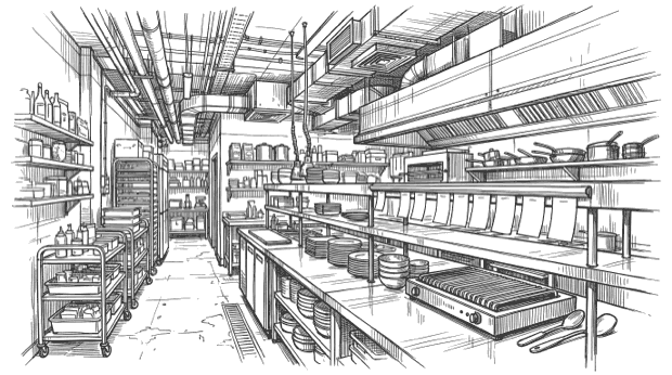 Ink drawing of the working back of a restaurant: a steel kitchen pass hung with blank order tickets, stacked plates, shelving carts and a narrow corridor under a ceiling of pipes and ducting.