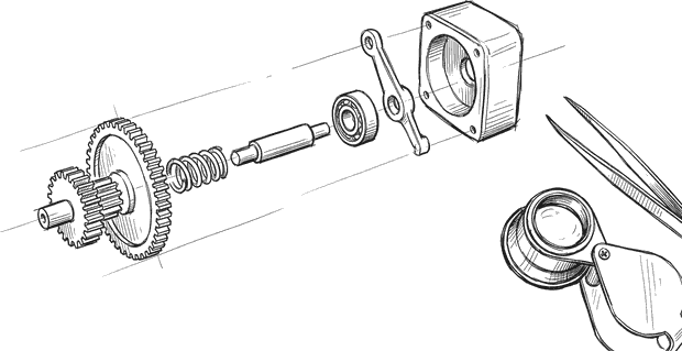 Ink drawing of a mechanism taken apart and laid out in order on a workbench: gear train, spring, shaft, bearing and lever spaced in a row with faint guide lines showing how they fit together.