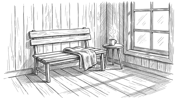 Ink drawing of a quiet corner: an empty wooden bench with a folded blanket, a small round table with a steaming cup, and a window letting light fall across the floorboards.