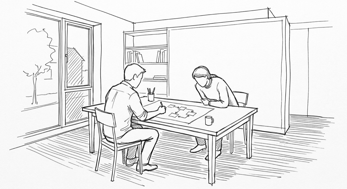 Ink drawing of two people working across a table, one sketching a flow of boxes and arrows on a large sheet of paper between them.