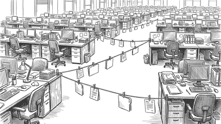 Ink drawing of an open-plan operations floor seen from a low angle, rows of desks and filing cabinets, with a single thin string pulled taut from desk to desk and small paper folders pinned along it, tracing the path one piece of work takes.