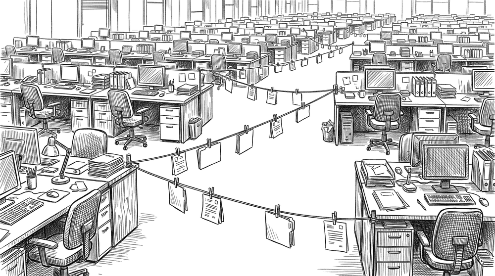Ink drawing of an open-plan operations floor seen from a low angle, rows of desks and filing cabinets, with a single thin string pulled taut from desk to desk and small paper folders pinned along it, tracing the path one piece of work takes.