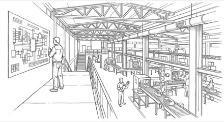 Ink drawing of a factory floor from a raised platform: one person studies a wall-mounted schematic of the whole layout, while below, another stands close beside a single conveyor station with a stopwatch and clipboard.