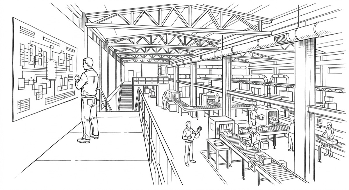 Ink drawing of a factory floor from a raised platform: one person studies a wall-mounted schematic of the whole layout, while below, another stands close beside a single conveyor station with a stopwatch and clipboard, focused only on that one line.