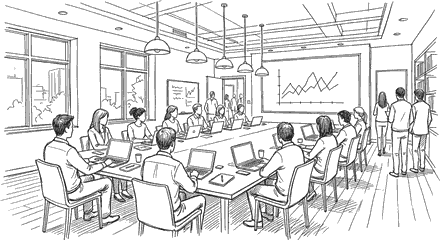 Ink drawing of a crowded meeting room seen from the back: twelve people around a long table with laptops open, more standing along the wall, a wall screen showing a simple line chart.