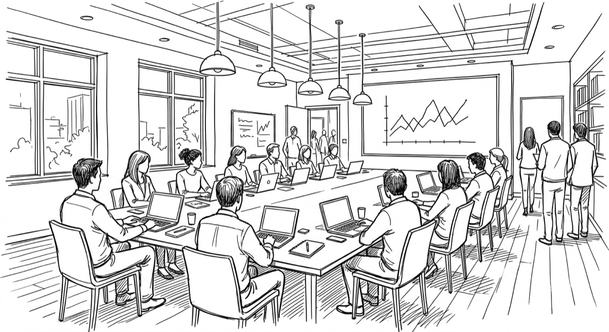 Ink drawing of a crowded meeting room seen from the back: twelve people around a long table with laptops open, more standing along the wall, a wall screen showing a simple line chart.