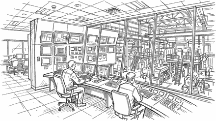 Ink drawing of a plant control room: two operators at a curved console below a bank of wall-mounted monitors, with a window behind looking out onto a factory floor of machinery.