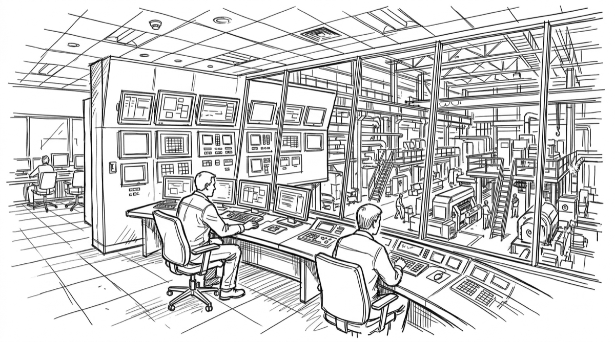 Ink drawing of a plant control room: two operators at a curved console below a bank of wall-mounted monitors, with a window behind looking out onto a factory floor of machinery.