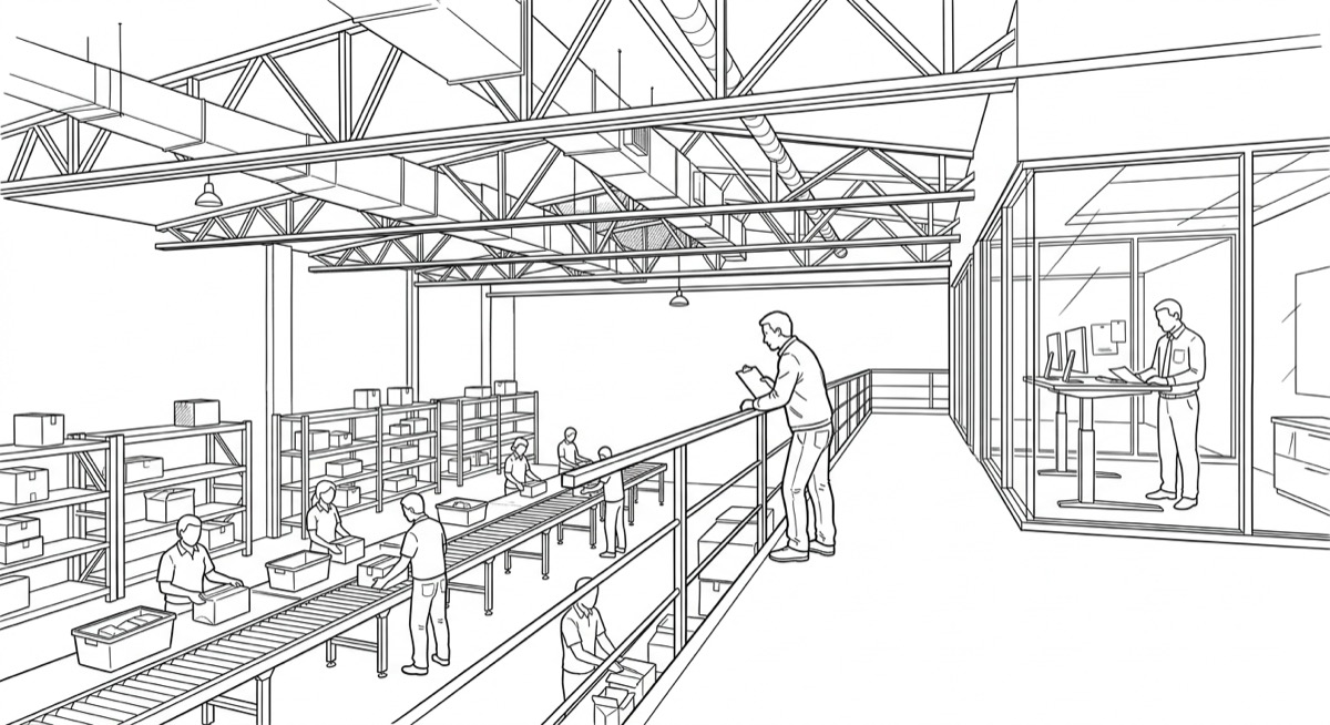 Ink drawing of a warehouse mezzanine: a person with a clipboard leans on the rail observing an operations floor where workers process orders along conveyor lines, with a glass-walled office and a manager at a standing desk on the other side of the walkway.