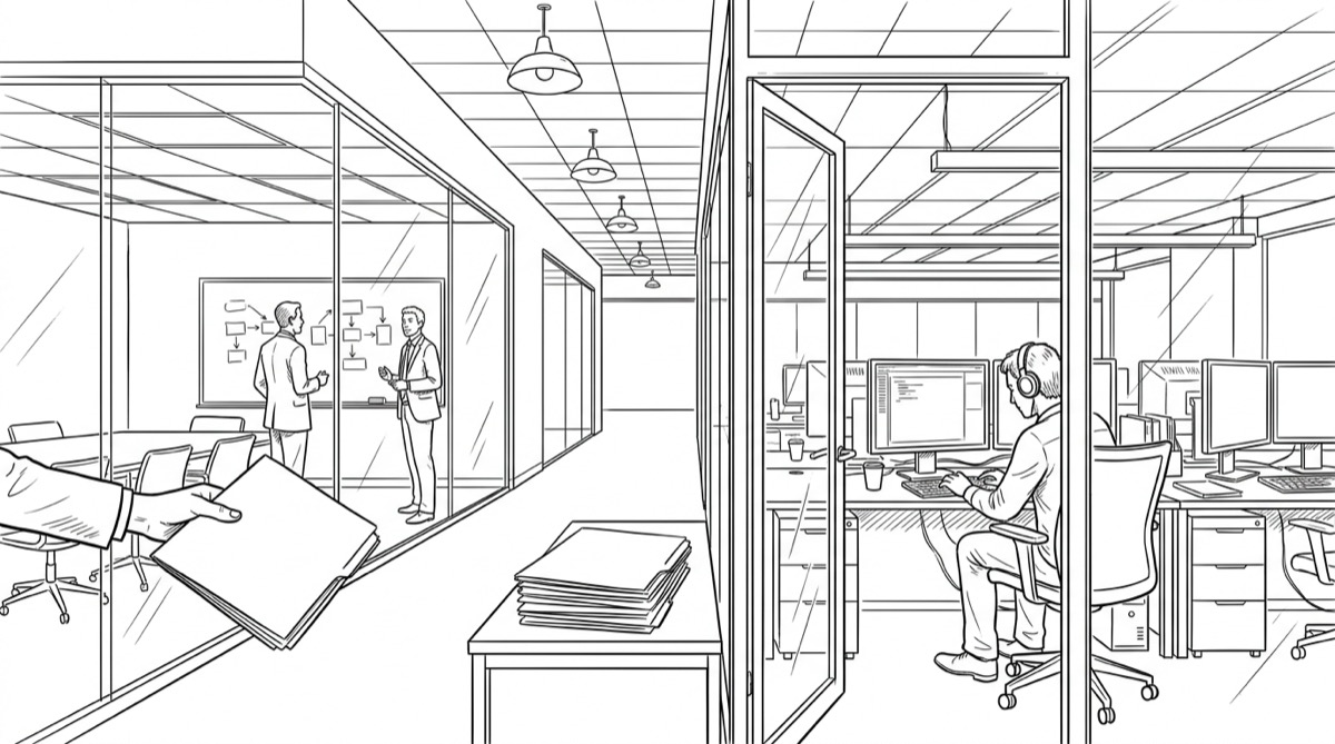 Ink drawing of an office threshold: a hand passes a folder across a glass-walled conference room where two people discuss a process diagram on a whiteboard, opening onto a row of developer workstations where an engineer in headphones works without looking up.