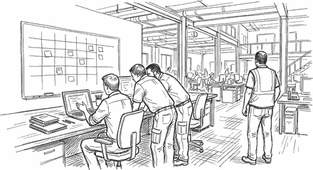 Ink drawing of an engineer seated with a laptop while two operations staff lean in over his shoulder at a shared desk, a blank planning board behind them and a supervisor standing nearby on an industrial office floor.