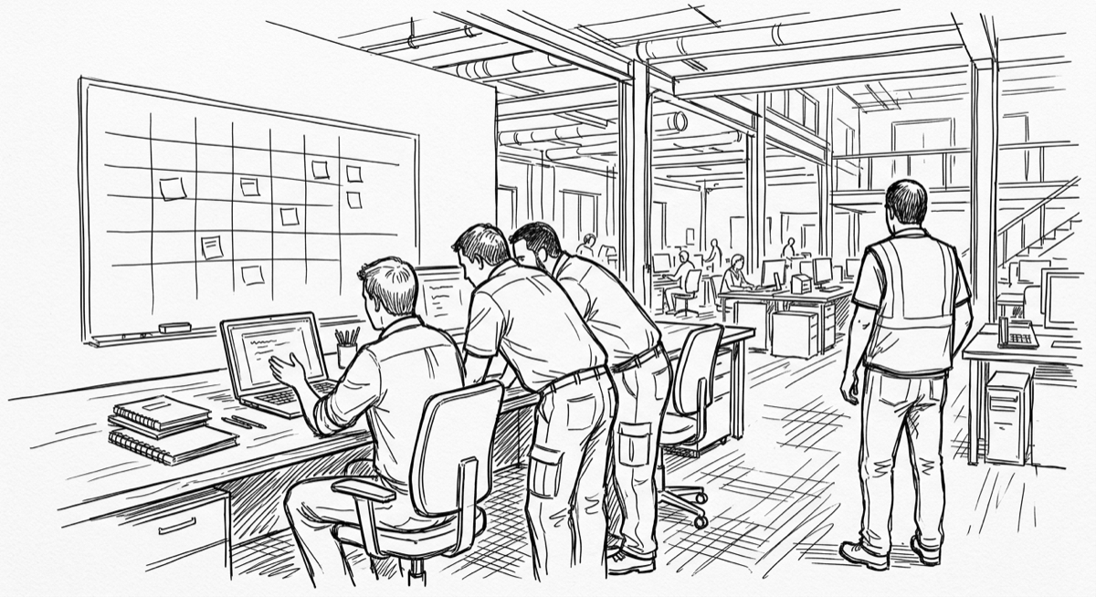 Ink drawing of an engineer seated with a laptop while two operations staff lean in over his shoulder at a shared desk, a blank planning board behind them and a supervisor standing nearby on an industrial office floor.