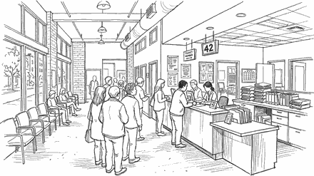 Ink drawing of a municipal service office: a queue of people waiting at a counter, clerks behind it with stacked paper folders and binders, a numbered ticket display overhead and rows of waiting chairs.