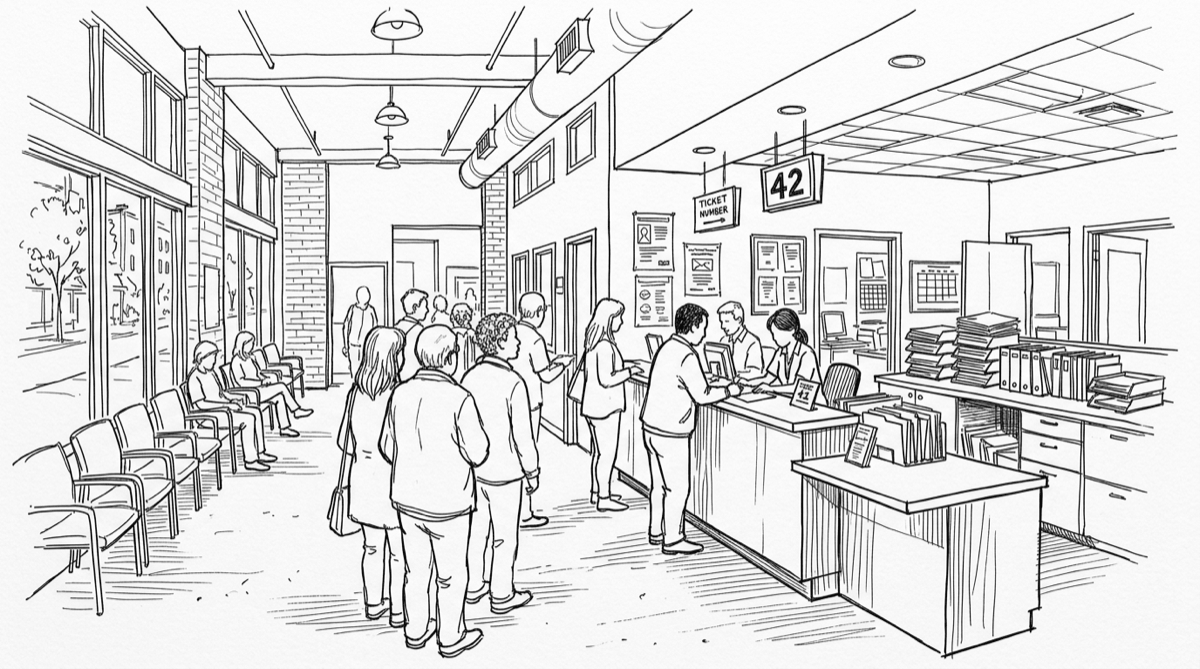 Ink drawing of a municipal service office: a queue of people waiting at a counter, clerks behind it with stacked paper folders and binders, a numbered ticket display overhead and rows of waiting chairs.