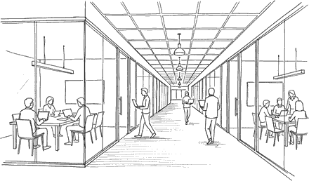 Ink drawing of a long office corridor lined with glass-walled meeting rooms, people seated in meetings on both sides and figures walking the corridor carrying laptops.