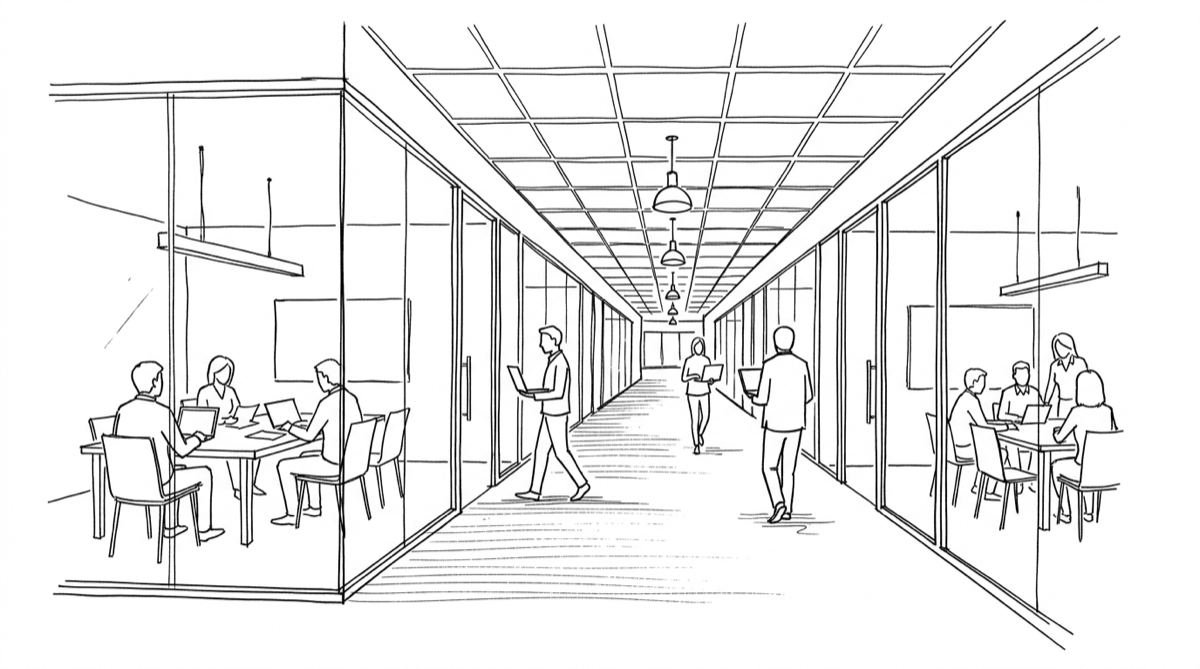 Ink drawing of a long office corridor lined with glass-walled meeting rooms, people seated in meetings on both sides and figures walking the corridor carrying laptops.