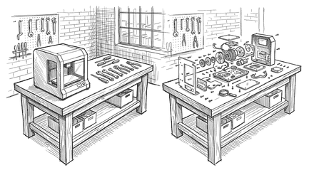 Ink drawing of two identical workbenches side by side: on the left a sealed machine beside a tidy row of tools, on the right the same kind of machine opened up with its parts laid out in order and a magnifying loupe resting beside them.