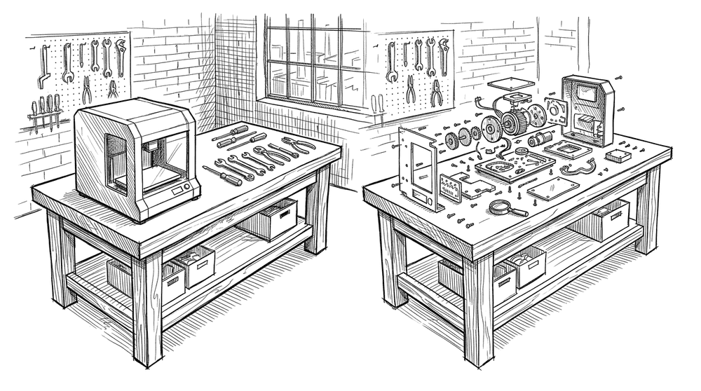 Ink drawing of two identical workbenches side by side: on the left a sealed machine beside a tidy row of tools, on the right the same kind of machine opened up with its parts laid out in order and a magnifying loupe resting beside them.