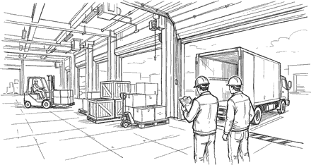 Ink drawing of a loading dock seen from inside: a box truck backed up to an open roller door, crates and boxes on pallets waiting to go out, two workers in hard hats checking a clipboard.