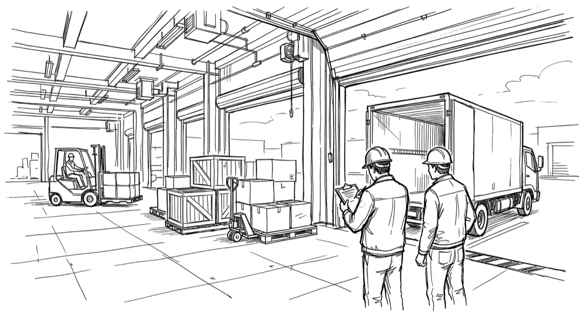 Ink drawing of a loading dock seen from inside: a box truck backed up to an open roller door, crates and boxes on pallets waiting to go out, two workers in hard hats checking a clipboard.