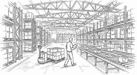 Ink drawing of a distribution warehouse aisle: a worker with a clipboard walking beside a pallet on a pallet jack, tall racking on both sides, a roller conveyor to the right and roof trusses overhead.