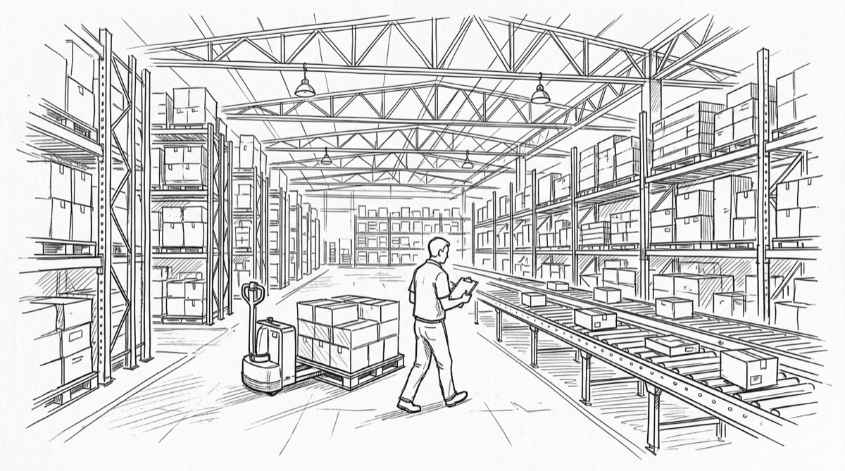 Ink drawing of a distribution warehouse aisle: a worker with a clipboard walking beside a pallet on a pallet jack, tall racking on both sides, a roller conveyor to the right and roof trusses overhead.