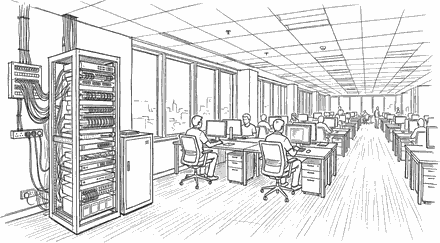 Ink drawing of an open-plan office: a cabled server rack and patch panel standing at the near edge of the floor, rows of desks with monitors and seated workers receding toward windows.