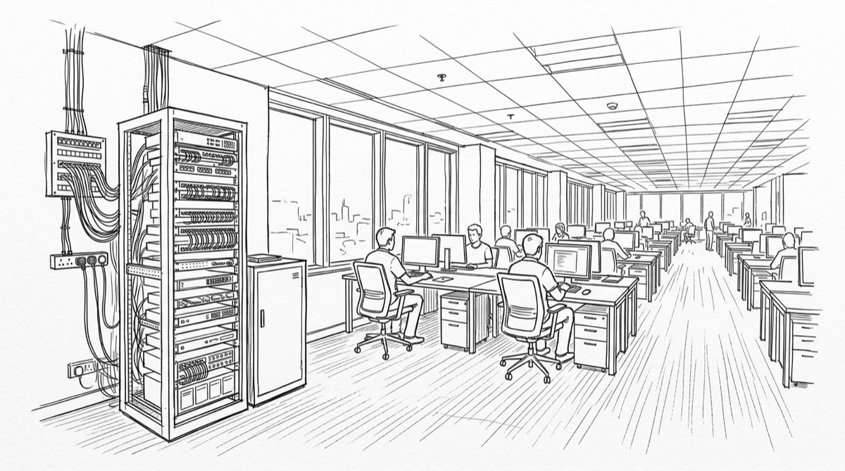 Ink drawing of an open-plan office: a cabled server rack and patch panel standing at the near edge of the floor, rows of desks with monitors and seated workers receding toward windows.
