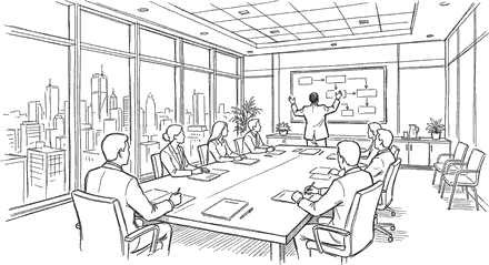 Ink drawing of a corporate boardroom: a vendor standing at the head of the table gesturing at a wall screen of boxes and arrows, eight executives seated with documents, city skyline through the windows.