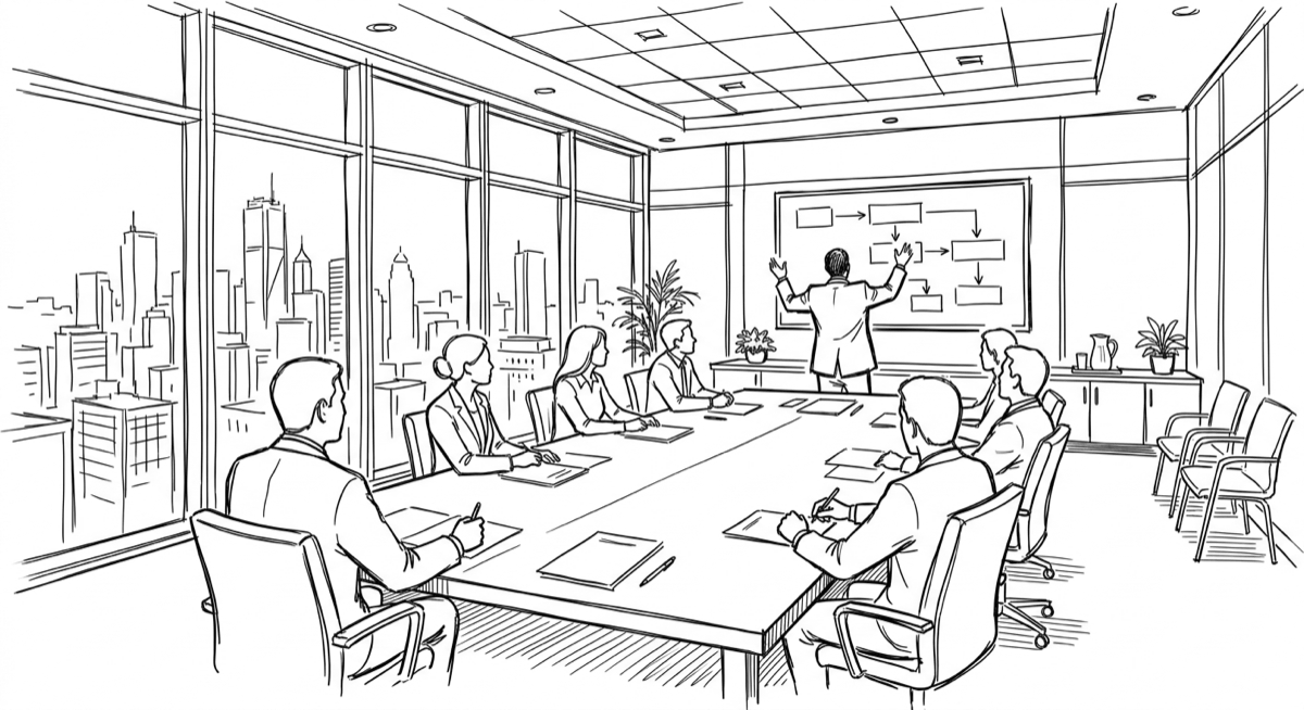 Ink drawing of a corporate boardroom: a vendor standing at the head of the table gesturing at a wall screen of boxes and arrows, eight executives seated with documents, city skyline through the windows.