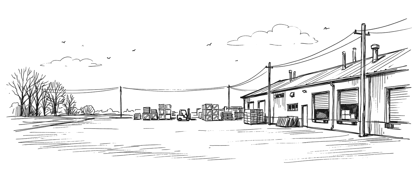 Ink drawing of a warehouse yard: a long low warehouse with open loading bays, stacked pallets and crates in the middle distance, utility poles and wires crossing an empty forecourt, bare trees on the horizon.