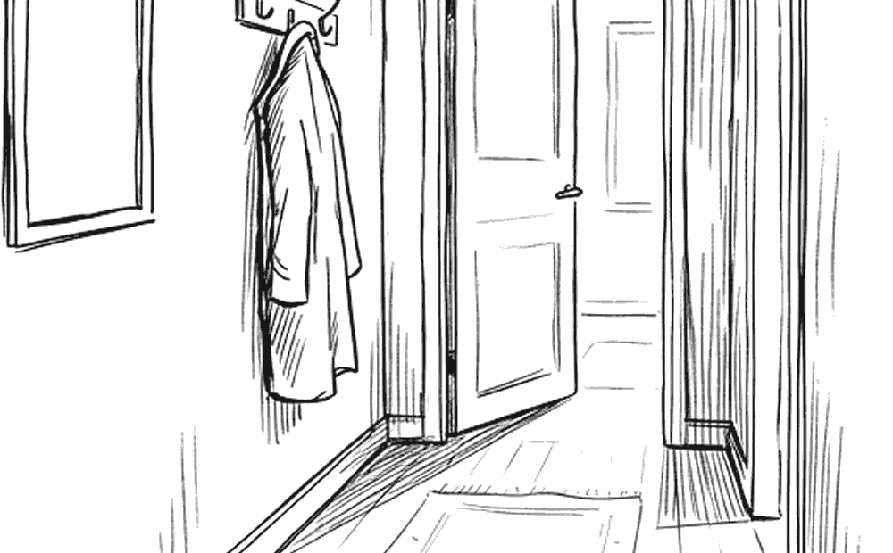 Ink drawing of a quiet hallway with a door standing open at the far end, light falling across the floorboards, a coat hanging on a hook.