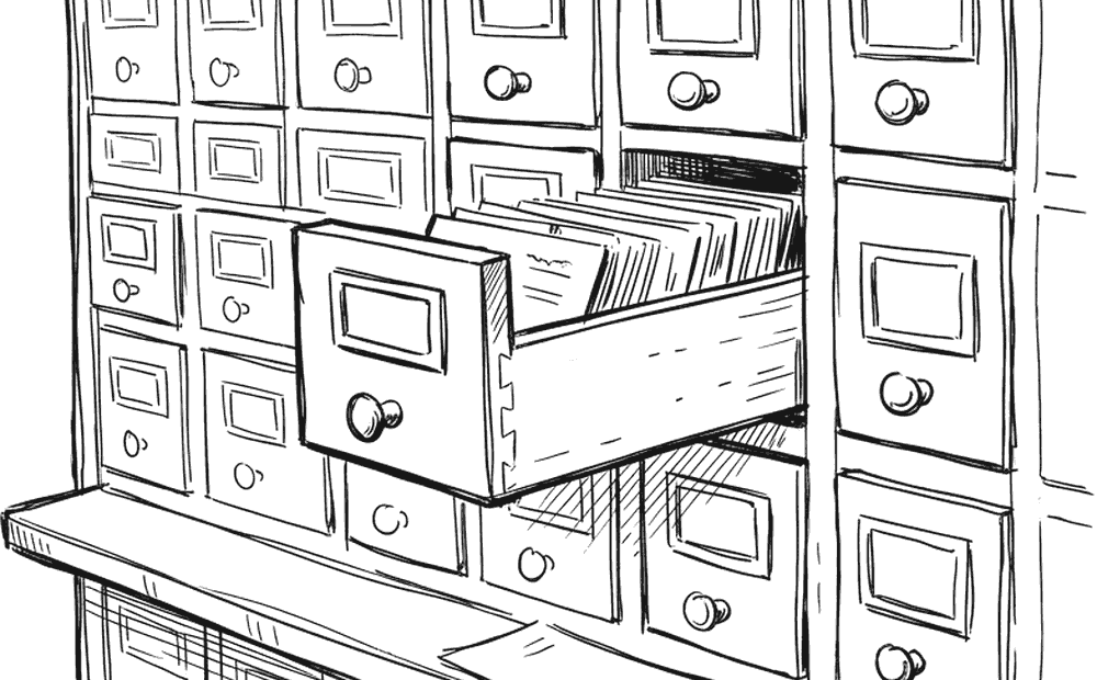 Ink drawing of a wall of library card-catalogue drawers with one pulled open at chest height, the edges of index cards visible inside.