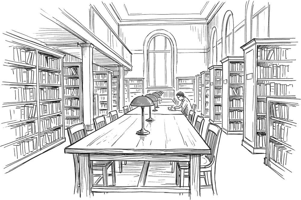 Ink drawing of a library reading room: a long shared table with shaded reading lamps running toward a tall window, bookshelves receding on both sides.