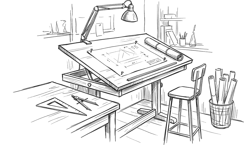 Ink drawing of a drafting table under an angled lamp, a large technical drawing pinned flat, set square and compasses beside it, rolled drawings standing in a bin.