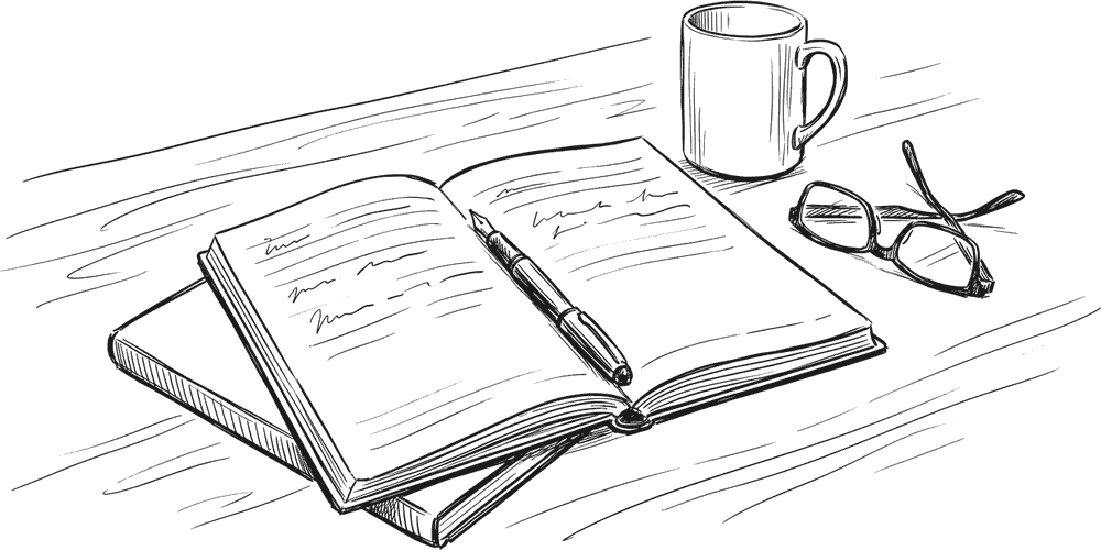 Ink drawing of an open notebook lying flat on a desk with a fountain pen resting in the gutter, a mug and folded reading glasses beside it.