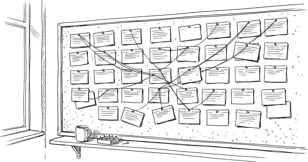 Ink drawing of a planning wall: rows of index cards pinned to cork with lengths of string running between them, a narrow shelf below holding a mug and a box of pins.