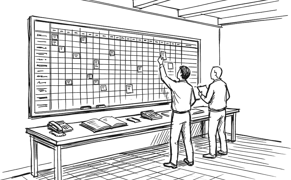 Ink drawing of an operations control room: a large wall schedule board covered in cards, two people standing at it moving one, a long desk with telephones and a ledger below.