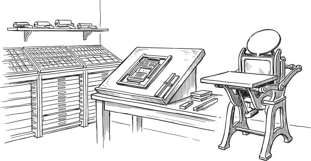 Ink drawing of a letterpress composing room: a platen press, a sloped composing stone with a locked-up forme, and stacked wooden type cases along the wall.