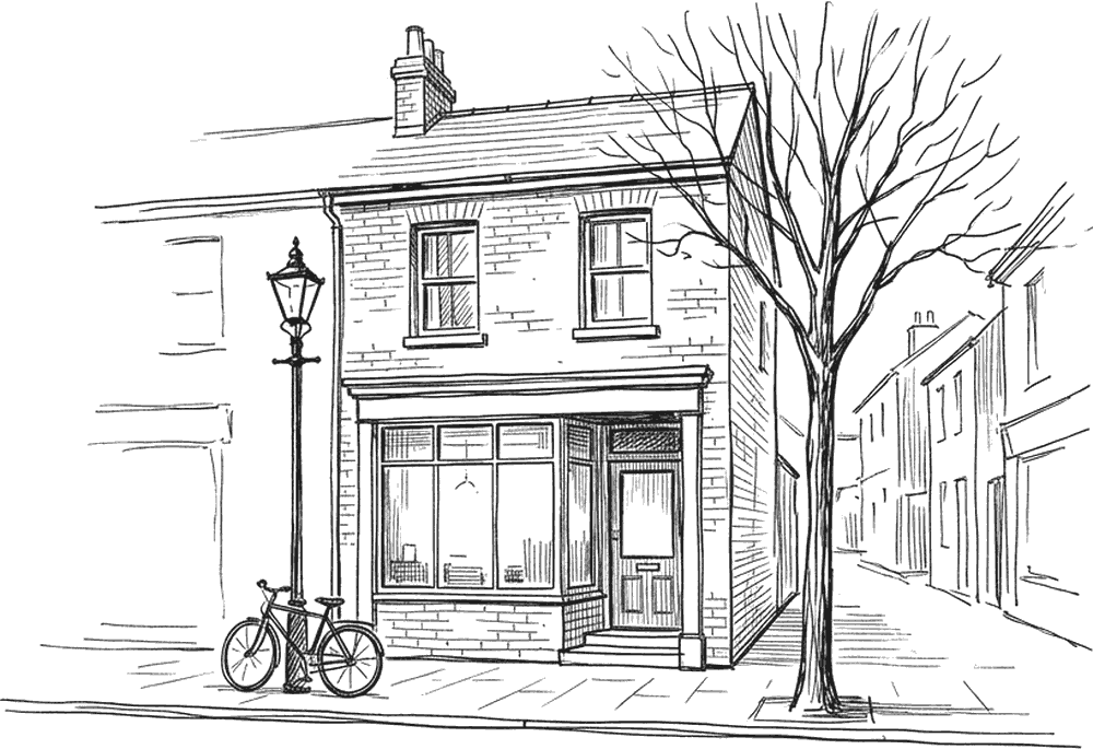 Ink drawing of a small two-storey office building seen from across the street at dawn, its ground-floor window lit, a bicycle leaning by the door and a bare tree in front.
