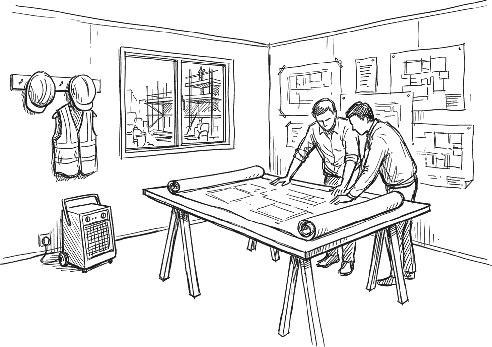 Ink drawing of a site office: two people leaning over unrolled plans on a table, more drawings pinned to the wall, hard hats and a hi-vis vest on pegs.