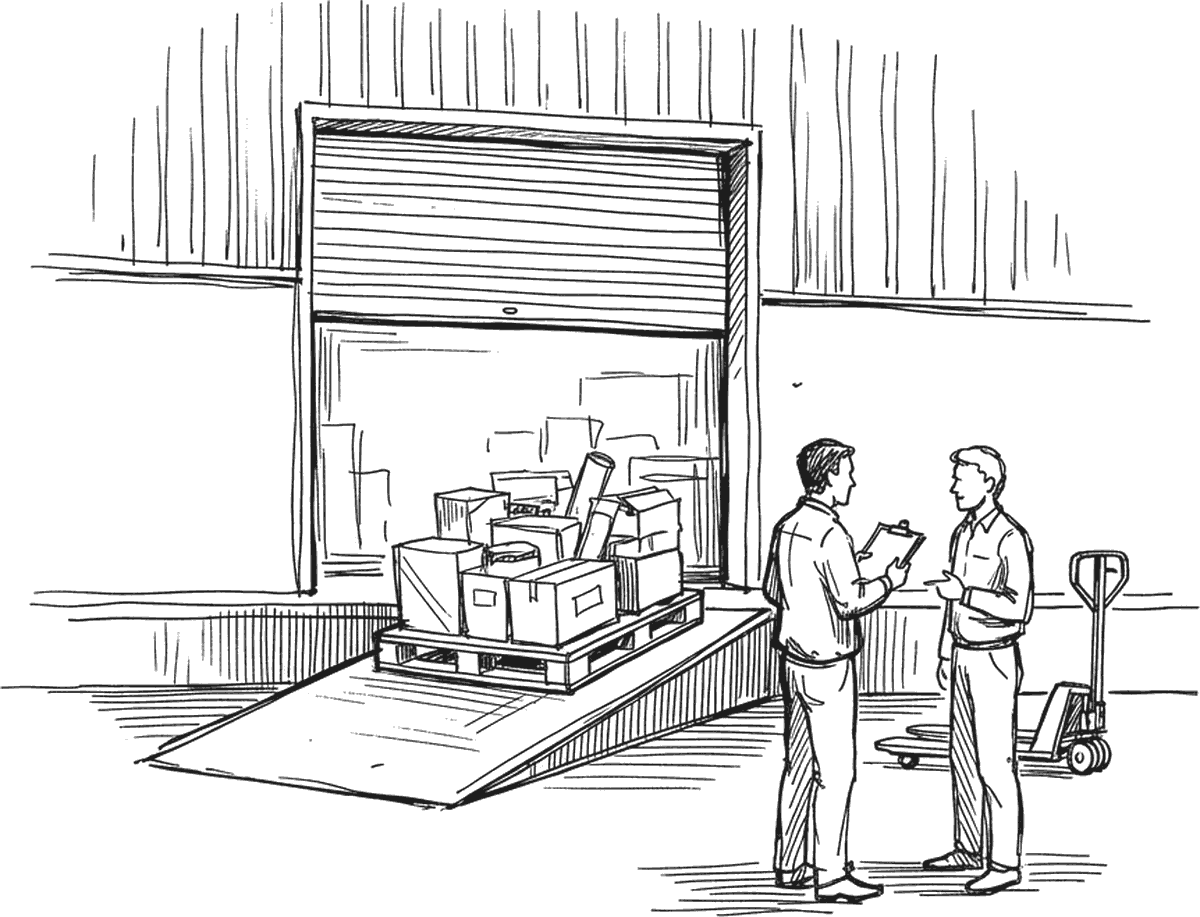 Ink drawing of a loading dock: an open roller door and ramp, a part-loaded pallet, and two people talking beside it, one holding a clipboard.
