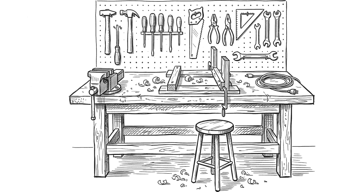 Ink drawing of a workshop bench: hand tools hung in order on a pegboard, a vice at one end, a half-finished jig on the surface and a stool tucked underneath.