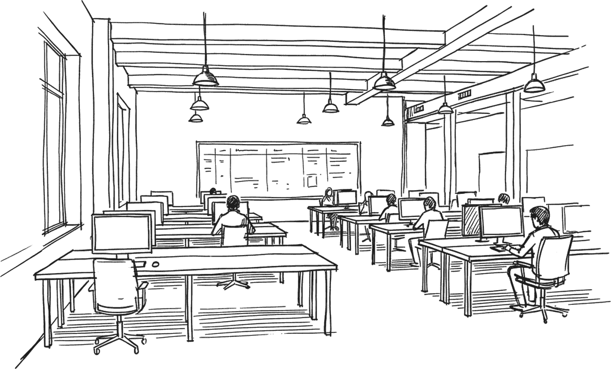Ink drawing of an open-plan operations floor: rows of desks with monitors, people at work, a board on the far wall and pendant lights overhead.