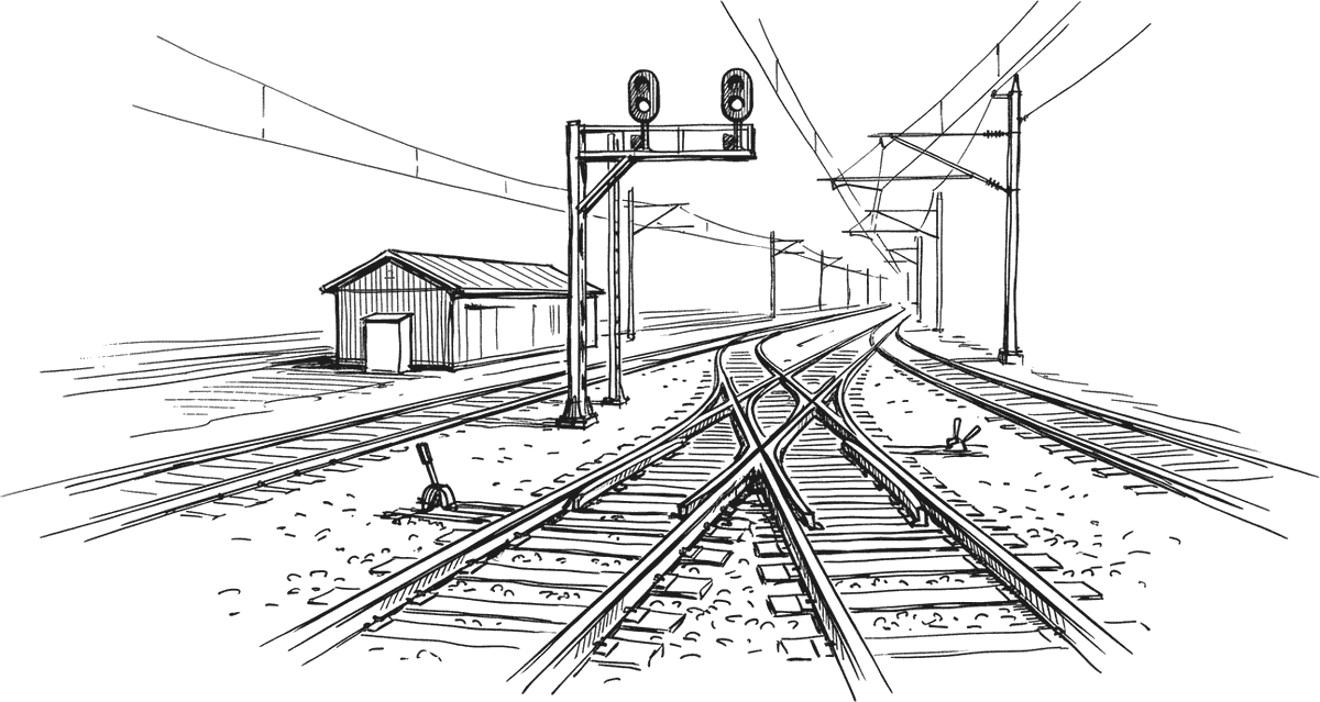 Ink drawing of a rail siding where several tracks converge, with a signal gantry, points in the foreground and overhead wires receding into the distance.
