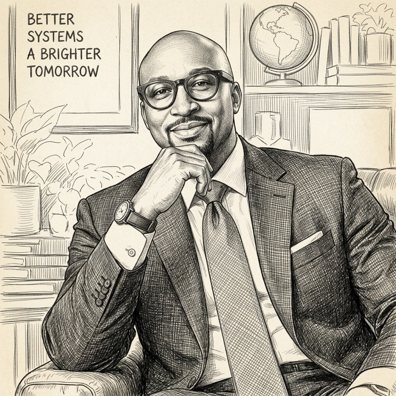 Pencil sketch of Jay Burgess seated in a leather chair, chin resting on his hand, wearing glasses, a suit and tie, with a sign reading Better Systems, A Brighter Tomorrow behind him.