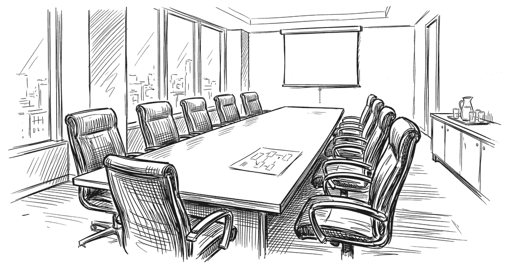 Ink drawing of an empty executive boardroom: a long bare table with twelve chairs pushed in around it, one single sheet of paper lying in the middle carrying a faint flow diagram, a blank projection screen on the far wall.