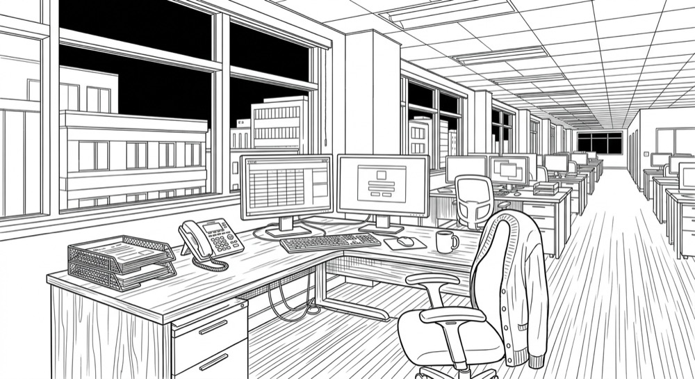Ink drawing of the corner of an insurance benefits office: a desk with two monitors, a landline phone, a wire tray of paper enrollment forms, and a cardigan hanging on an empty chair, rows of desks receding into the evening light behind it.