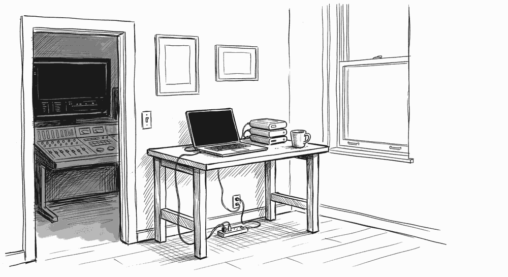 Ink drawing of the corner of a small film production office: a standing desk with an open laptop and a stack of hard drives, a power cable running to a floor outlet, and an open doorway into a darkened edit bay behind it.